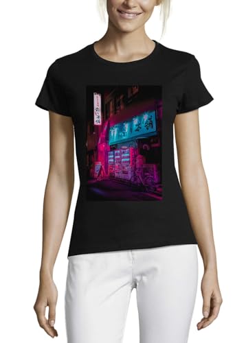T-shirt Vaporwave haut de gamme en coton noir avec graphique néon de minuit