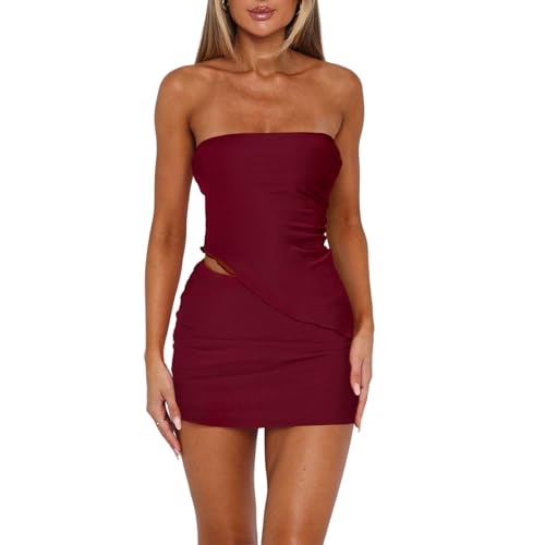 Image of Goafuliy Two Piece Skirt Set for Women Summer Asymmetrical Mesh Strapless Tube Tops Mini Skirt Set Going Out Outfits