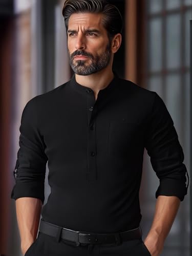 Men's Black Casual Long Sleeve Mandarin Collar Shirt Button-Down Henley Style