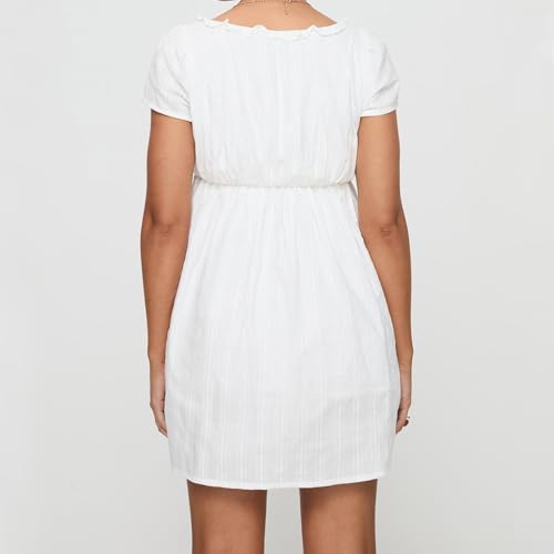 Image of Women Y2k Puff Sleeve Babydoll Dresses Square Neck Tie Back Mini Dress Summer Solid Off Shoulder Flowy Sundress