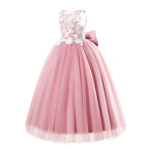 Lace Applique Flower Girls Dresses Tea Length Glitter Tulle Kids Princess Birthday Pageant Party Gowns with Bow-Knot4