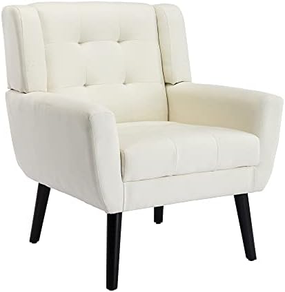 Dolonm Midcentury Modern Accent Chair with Arms, Upholstered Fabric Reading Side Chair Tufted Back Decorative Wingback Chair for Living Room Bedroom (Beige)
