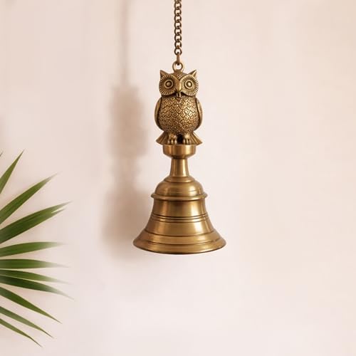 Image of ExclusiveLane 'Royal Owl' Brass Decorative Hanging Bell (100% Pure Brass, 66.2 Cm, 1.21 Kg, Hand-Etched) | Bells for Mandir Hanging Bells for Pooja Room Temple Bells for Mandir