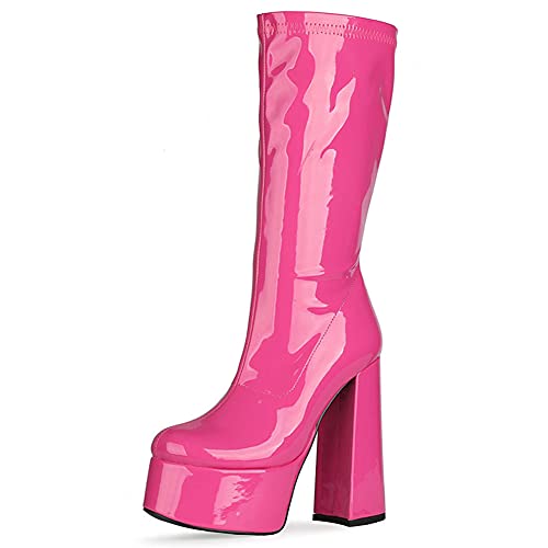 MeiLuSi Pink GoGo Boots for Women Platform Knee High Boots Chunky Block Heels Mid Calf Go Go Shoes size 7