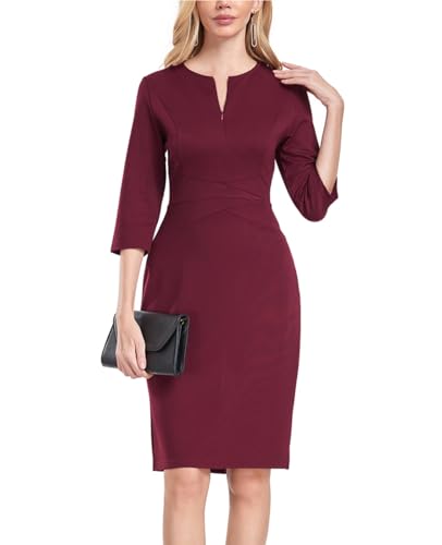 MINTLIMIT Womens Front Zipper Round Neck 3/4 Sleeve Sheath Pencil Cocktail Party Work Dresses