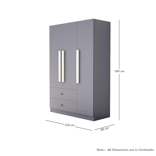 Image of Bniture Wooden Almirah for Clothes, Door for Bedroom, 3 Door Wardrobe with 2 Drawer & Hanging Space (40D x 120W x 180H CM) | 3 Year Warranty (Giant Wood & Slate Grey)