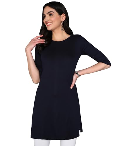 Image of FLEXIMAA Women's Cotton Plain Round Neck 3 /4 Sleeve Long Top