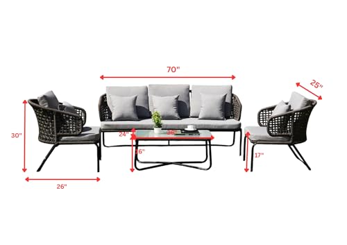 Image of DEVOKO Outdoor Patio Furniture Set, Rope Conversation Sofa Set with Glass Coffee Table, for Garden, Backyard,Terrace (Gray and Gray)