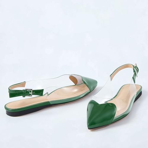 VogueVent Women's Fashion Pointed Toe Heart Transparent PVC Slingback Flat Shoes Comfort Slip On Cap Toe Clear Ballet Flats Work Wedding Dress Flat Shoes for Women Green Size 5.52