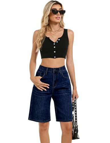 TOSATISFINE Bermuda Jean Shorts for Women High Waisted Stretchy Long Denim Shorts Summer Jorts Classic Blue M — view 4