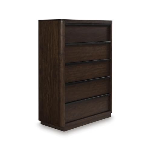 Image of Signature Design by Ashley Kendamor Contemporary 5-Drawer Chest with Felt-Lined Top Drawer and Easy Glide for Bedroom, Dark Brown