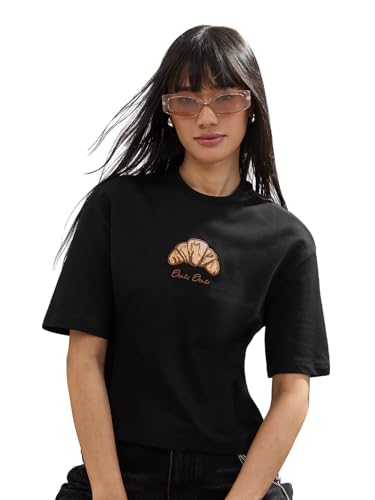 T-shirt Emily in Paris croissant coton pour fille col rond broderie noire surdimensionné