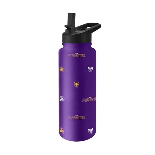 Image of Logo Brands NCAA East Carolina Pirates Step & Repeat 34 oz Stainless Steel Quencher Bottle - All Over Logo Design, No-Spill Lid, Easy Carry Handle - Keeps Drinks Cold For Hours