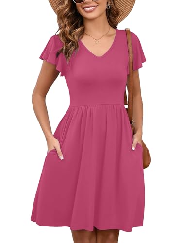 Image of Heymoments Women's Ruffle Sleeve V Neck Swing Sundress Summer Casual A-Line Midi Dress with Pockets S-2XL