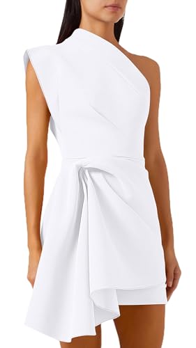 GOBLES Womens Elegant One Shoulder Asymmetrical Draped Mini Cocktail Party Dress White