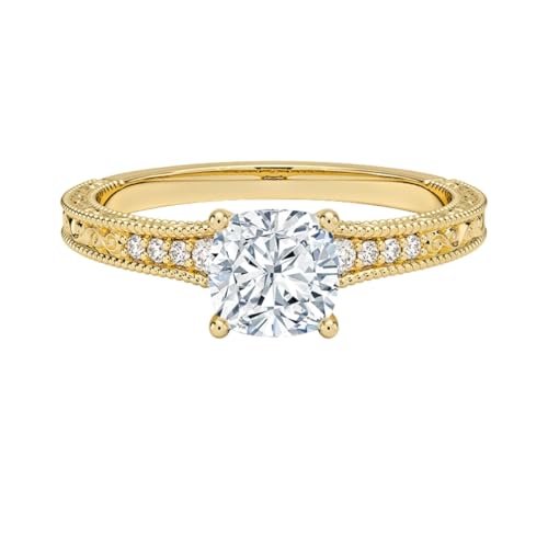 1 Ct Cushion Cut Engraved Pave Lab Grown Diamond Ring For Women