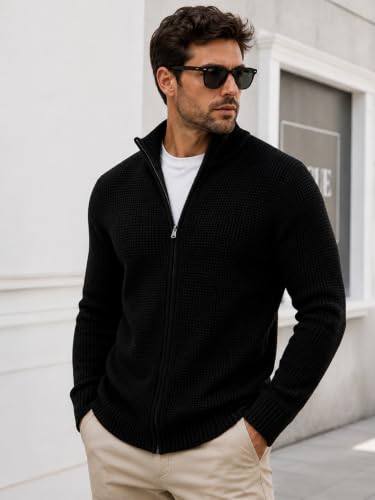 Image of TYSORT Men's Cotton Full Sleeve High Neck Full Zipper Sweater for Men, Cable Knitted Cardigan for Men