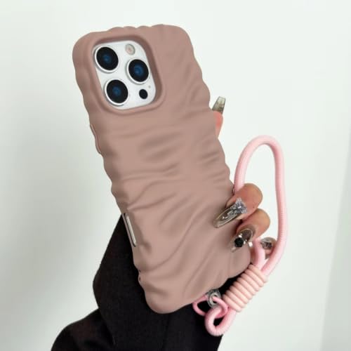 Coque iPhone 16 Pro silicone motif froissé antichoc cordon amovible Rose Sable