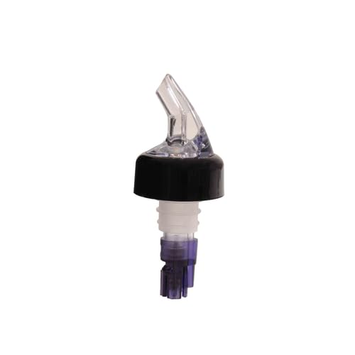 PLPR113C Liquor Pourer, 1-1/8 oz., with Black Collar, fits Standard 750ml Bottle, SAN (Plastic), Clear spout, Purple Tail, Pack of 12