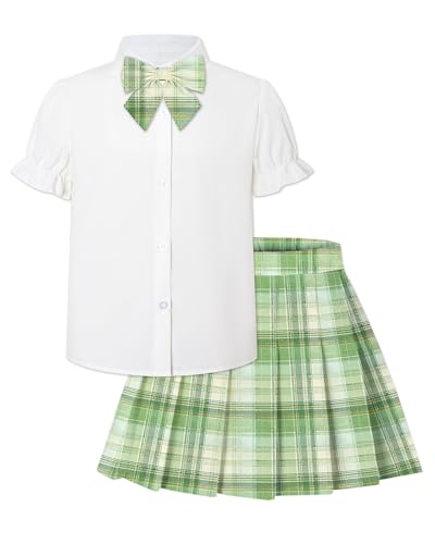 Image of Betusline Girls Skirt Set JK School Uniform 2-Piece Outfit - Short Sleeve Shirt with Bow & Pleated Skirt 4T-14Y