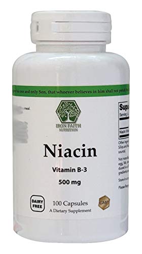 Iron Faith Nutrition Niacin (Vitamin B3) 500 Mg, Essential B-Group Vitamin/ Dairy Free /100 Capsules Dietary Supplement /Flushing #TOP4