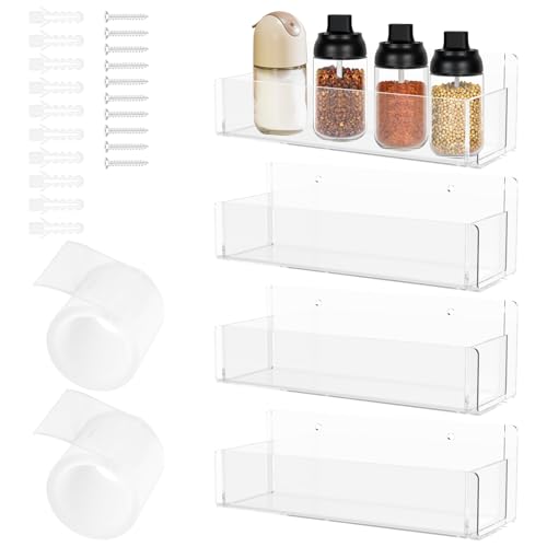 AwObEpl Wall Spice Rack Organizer, 4 Pack Acrylic Spice Rack Wall Mount with Adhensive Stickder & Screws, Kitchen Shelf, Removable End Cap for Kitchen, Cabinet, Bathroom (9 Inch)