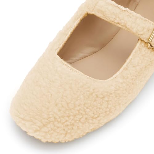 FYS Women Square Toe Low Heel Mary Jane Pumps Fur Comfortbale Flat Ballets Buckled Dress Daily Outfit Shoes3