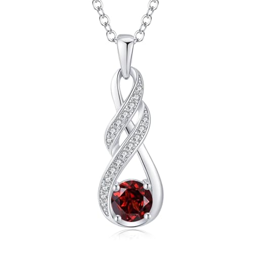 LOCIBLO January Birthstone Necklaces for Women 925 Sterling Silver Infinity Pendant White Gold Red Created Garnet Necklace Jewellery for Her 16+2
