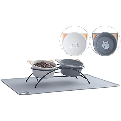 Raised Ceramic Cat Pet Food Bowls 2 Pack with Iron Stand, 12 oz Porcelain Tilted Pet Water Bowl Set, Elevated Stress Free Backflow Cat Bowl Dish, Dishwasher and Microwave Safe - Gray & White Cover