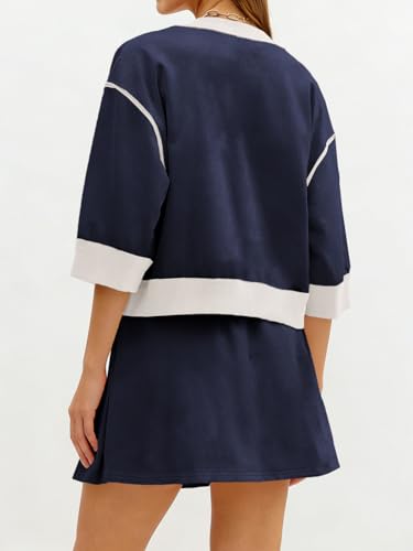 Image of Tankaneo Womens 2 Piece Skirt Sets 3 /4 Sleeve Sweatshirt Lounge Sets | Skort Sets, Color Block, Summer Casual, Matching Sets, Trendy Outfits
