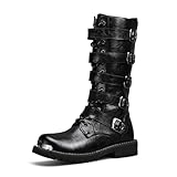 Men'S Black Leather Motorcycle Boots With Single Zip & 5-Buckle System Steel Toe Cap & Anti-Slip Rubber Sole Thickened Traction Outsole For Highway Riding Punk Style Ankle Support (black,11)