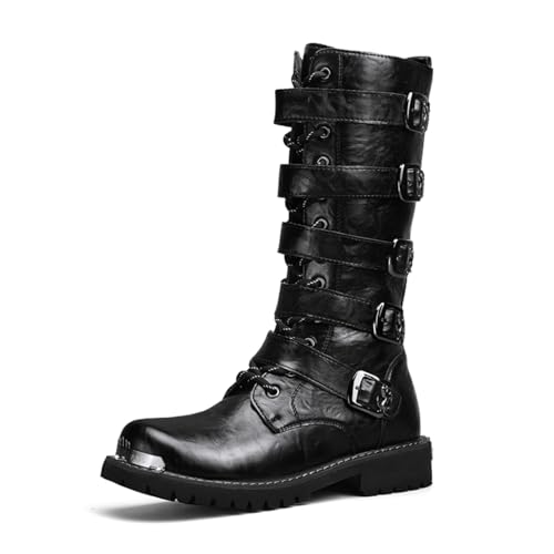 Men'S Black Leather Motorcycle Boots With Single Zip & 5-Buckle System Steel Toe Cap & Anti-Slip Rubber Sole Thickened Traction Outsole For Highway Riding Punk Style Ankle Support