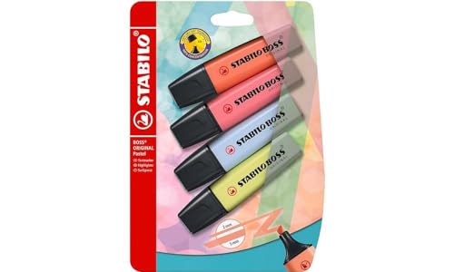 Image of STABILO BOSS ORIGINAL Pastel - Highlighter Pen - Pack of 4 - Mellow Coral Red, Cherry Blossom Pink, Cloudy Blue, Dash of Lime