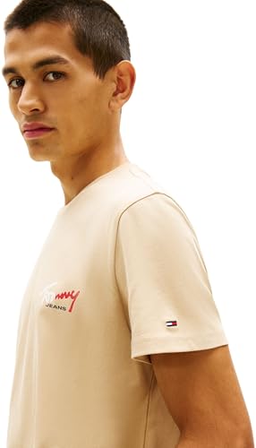 Tommy Jeans Herren T-Shirt Kurzarm Slim Sign Chest mit Logo, Beige (Gentle Gold), S – Ansicht 4