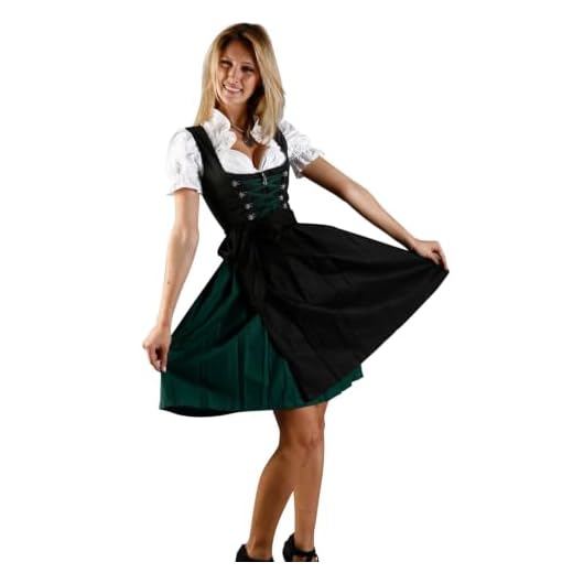 Bavarian Women's Midi Dirndl Dress 3-Pieces with Apron and Blouse Black Green Size 36 (US4-6)