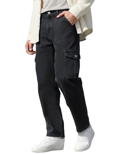 Image of Urbano Fashion Men's Loose Mid Rise Baggy Fit Cargo Jeans with 6 Pockets Non-Stretchable
