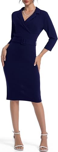 Image of SxClub Business Dresses for Women Elegant Long Sleeve Bodycon Pencil Knee Length Formal Dress for Evening Cocktail