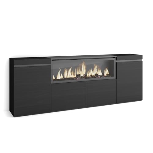 Skraut Home | Buffet Salon et Cuisine | Meuble de Rangement, Commode | 210 | 4 Portes | Cheminée électrique XXL | Style Moderne | Noir