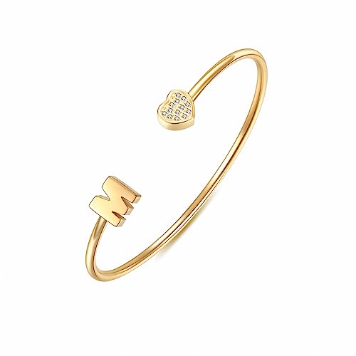 Image of VQYSKO Heart Initial Cuff Bracelets for Woman-CZ Stainless Steel Adjustable Open Bracelet Woman Jewellery,Birthday Gifts for Woman