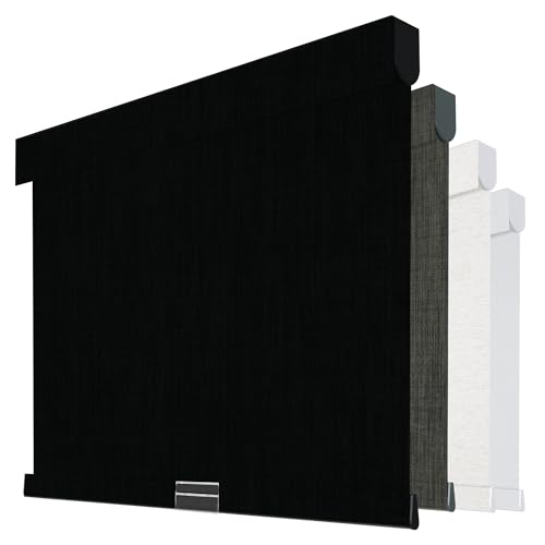 Boolegon Cordless Blackout Roller Shades for Windows, Free-Stop Linen Shades with Valance, Thermal Insulated Fabric, UV Protection Roller Blinds for Home, Office (Black, 30" W x 72" H)