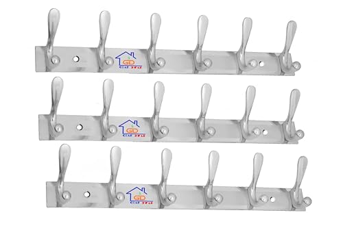 GHAR DWAR Classic 8 pin Wall Hook Wall Hanger Cloth Hanger Wall Stand Wall khunti Key Holder Stainless Steel Types 8 Hooks (Pack of 3, 6 Pin Silver)