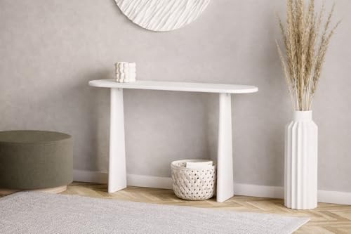 Image of Furniture Modern Solid Wood Console Table with Rounded Edges, Natural Finish, Minimalist Scandinavian Style Entryway Furniture (Style 2, White, 80x30x80 cm)