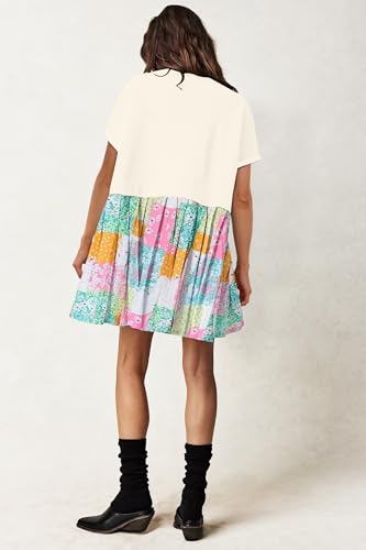 Image of SAUKOLE Womens Summer Crew Neck Short Sleeve Dress Patchwork Pleated A Line Beach Mini Dress