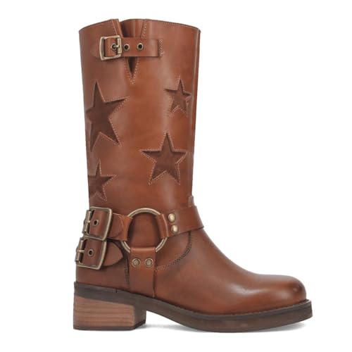 Image of Goolita Women's Buckle Biker Knee High Boots Square Toe Chunky Heel Star Moto Mid Calf Boots Slip On Motorcycle Riding Boot