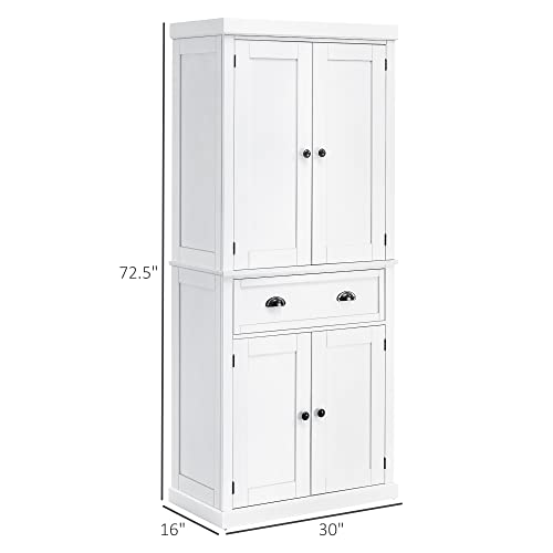 HOMCOM 72.5" Kitchen Pantry Cabinet, Traditional Freestanding Storage Cabinet with 4 Doors, Drawer and 3 Adjustable Shelves for Dining Room, White