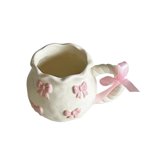 FVCTGHZ Kaffee Espresso Set Unregelmäßige handgemachte Relief rosa Schleife Kaffee Keramik Tasse Geschenk 330ml Wasser Tasse