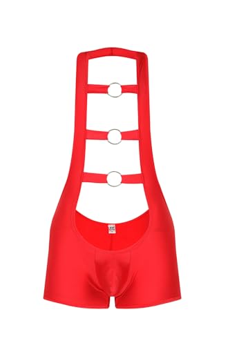 DingMi Men's Underwear Leotard Bodysuit Jockstrap Wrestling Singlet Hanging Out Bodysuit with O Ring (Red, Medium)