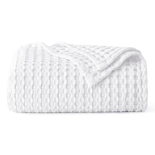 Image of Bedsure Cooling Cotton Waffle Weave Blanket - Lightweight Breathable Blanket of Rayon Derived from Bamboo for Hot Sleepers, Luxury Throws for Bed, Couch and Sofa, White, 50x70 Inches