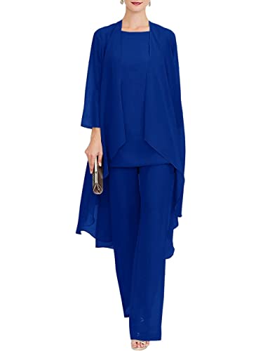 Zongqiven Chiffon Mother of The Bride Pant Suits 3Pcs Wedding Formal Outfit Set Evening Gown for Women Royal Blue