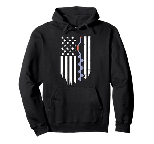 Ice Fishing Retro American Flag USA Fishermen Eskimo Winter Pullover Hoodie